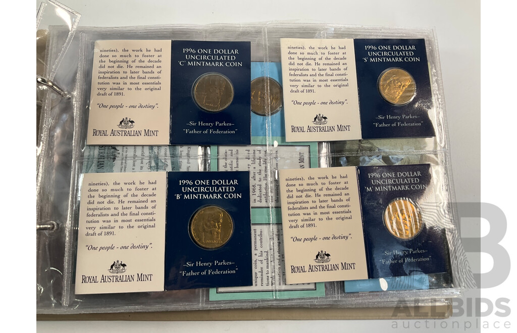 Fifty Six Australian Commemorative Carded One Dollar, Many Sets and Mint Marked