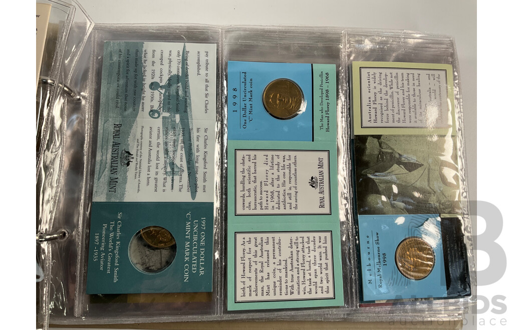 Fifty Six Australian Commemorative Carded One Dollar, Many Sets and Mint Marked