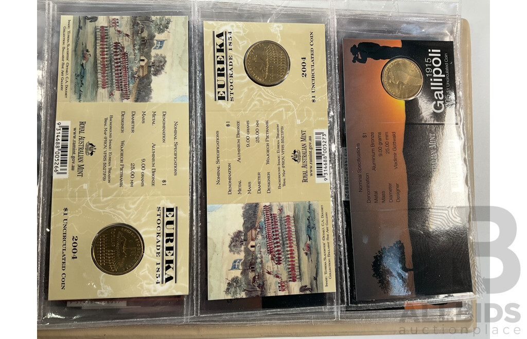 Fifty Six Australian Commemorative Carded One Dollar, Many Sets and Mint Marked