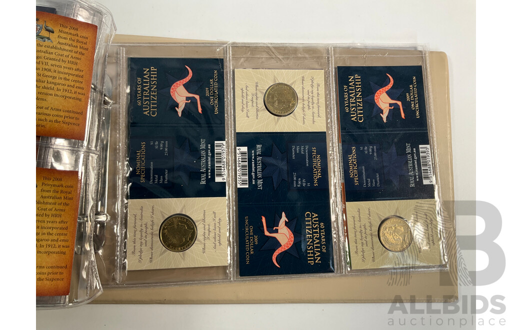 Fifty Six Australian Commemorative Carded One Dollar, Many Sets and Mint Marked