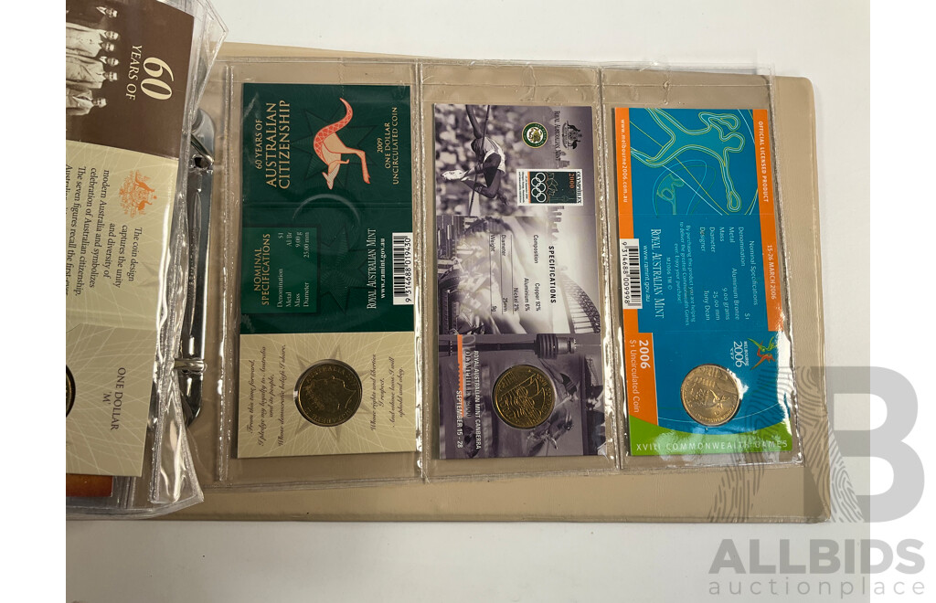 Fifty Six Australian Commemorative Carded One Dollar, Many Sets and Mint Marked