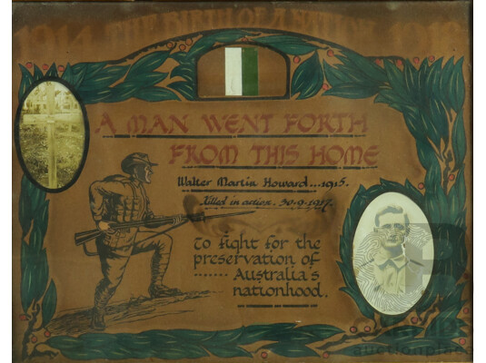 A Man Went Forth From His Home, Antique WWI Certificate of Appreciation, Awarded to Walter Martin Howard (Killed in Action, 30/9/1917), 55H x 65W cm (frame)