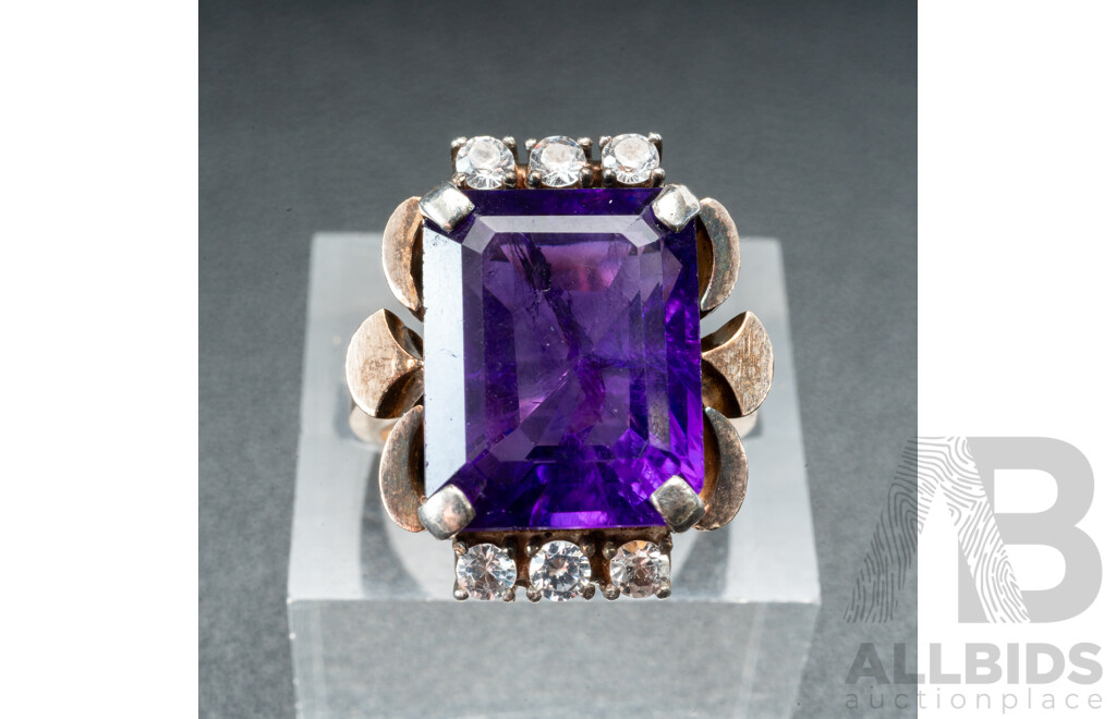 Vintage 9ct White Gold with Amethyst & White Sapphires Ring - Size L