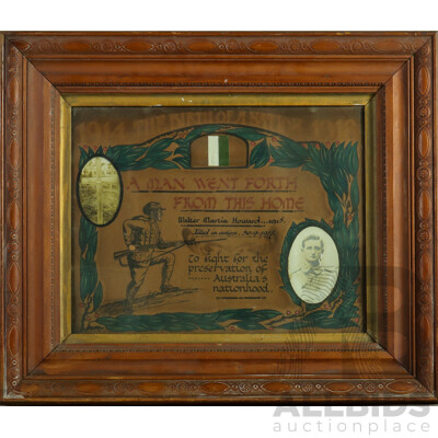 A Man Went Forth From His Home, Antique WWI Certificate of Appreciation, Awarded to Walter Martin Howard (Killed in Action, 30/9/1917), 55H x 65W cm (frame)