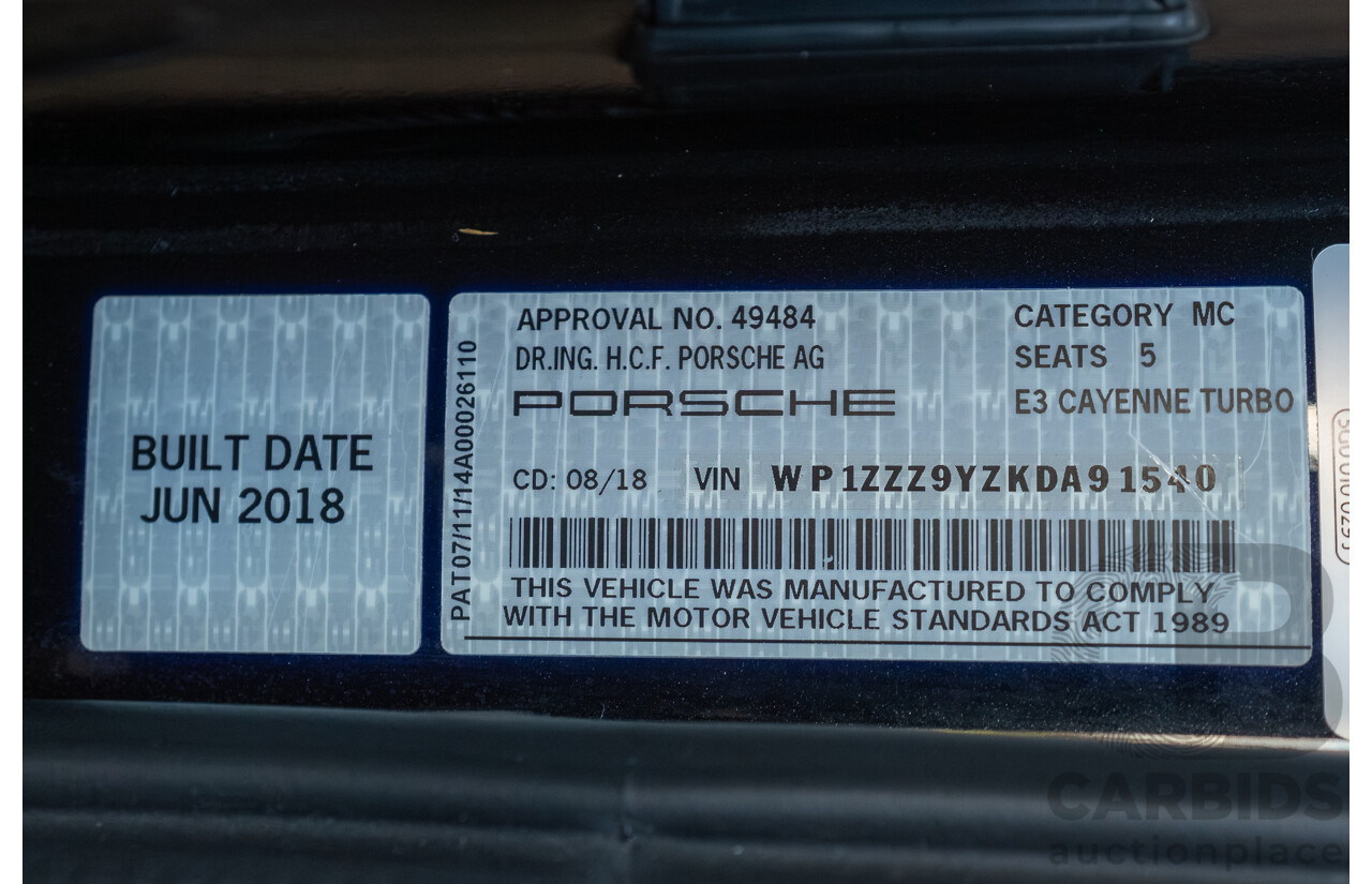 08/2018 Porsche Cayenne Turbo (AWD) 9YA MY19 4d Wagon Jet Black Metallic Twin Turbo V8 4.0L