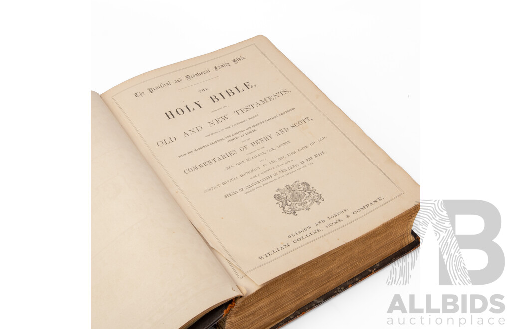 Early Leather Bound Holy Bible and Commentaries of Henry Scott