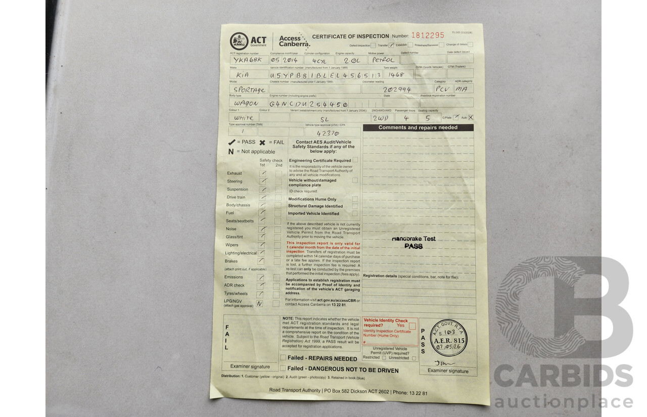 5/2014 Kia Sportage Si (fwd) SL SERIES 2 MY14 4d Wagon White 2.0L