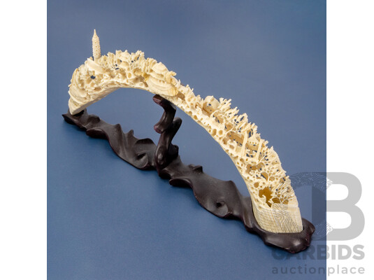 Heavily Carved Chinese Bone Bridge on Hardwood Stand