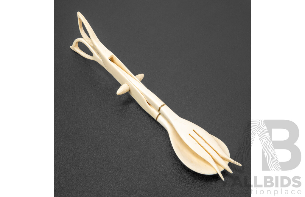 Pair of Vintage Carved Bone Salad Servers