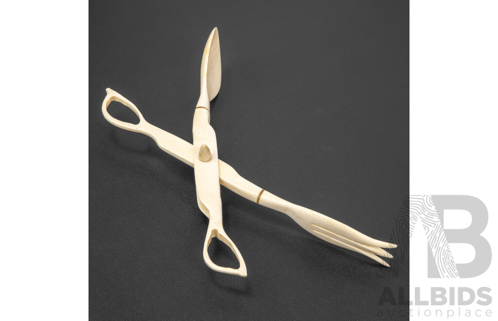 Pair of Vintage Carved Bone Salad Servers
