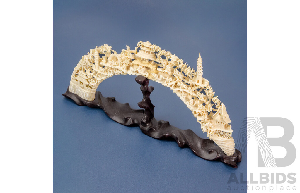 Heavily Carved Chinese Bone Bridge on Hardwood Stand