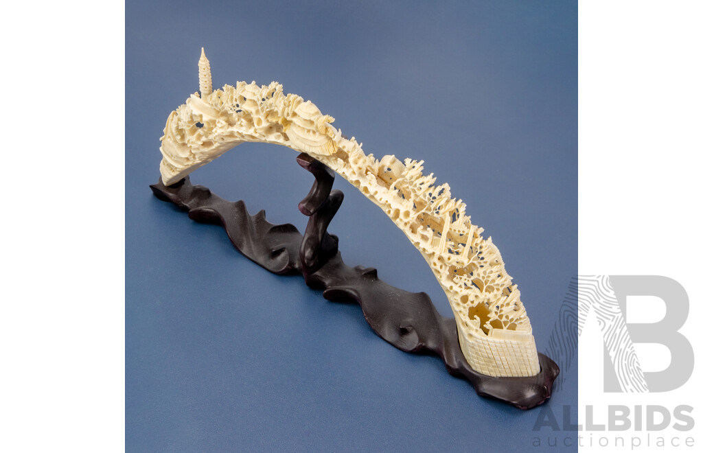 Heavily Carved Chinese Bone Bridge on Hardwood Stand