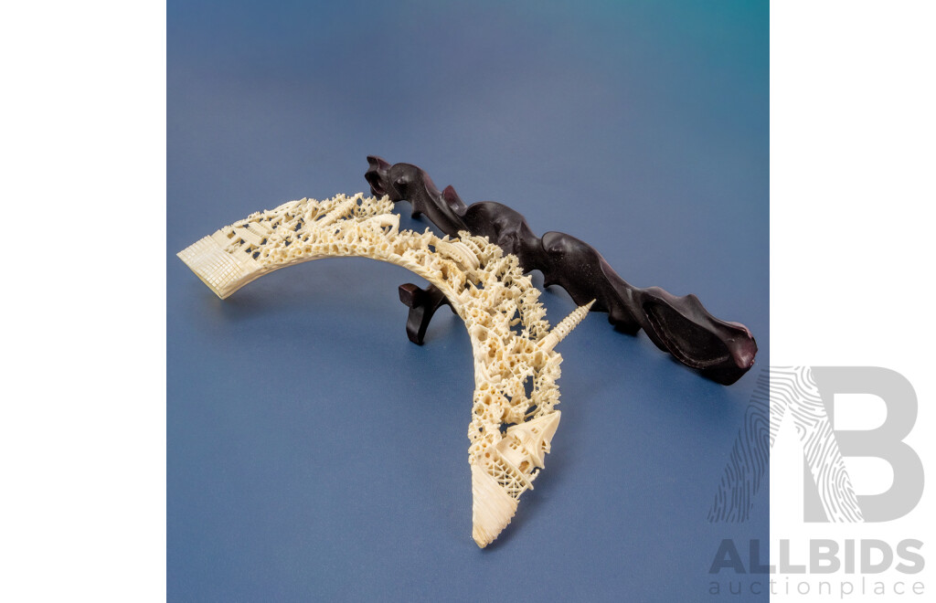 Heavily Carved Chinese Bone Bridge on Hardwood Stand