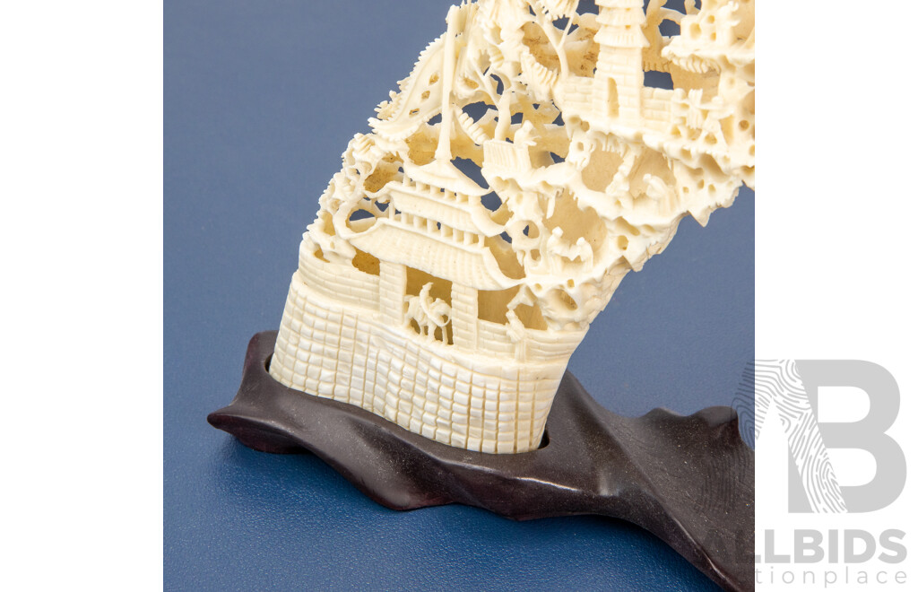 Heavily Carved Chinese Bone Bridge on Hardwood Stand