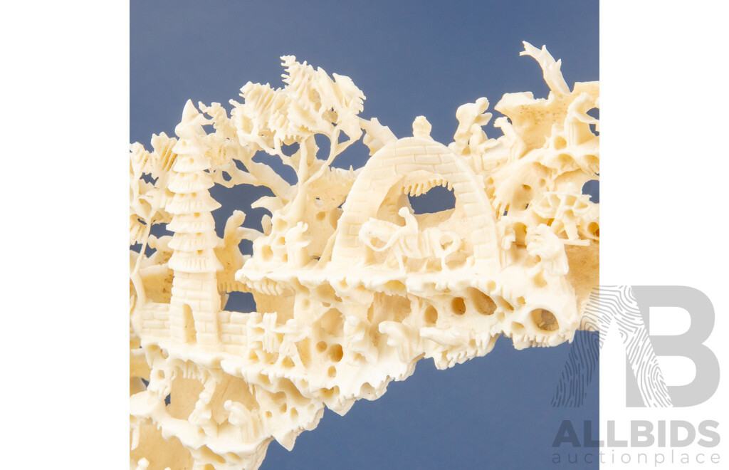Heavily Carved Chinese Bone Bridge on Hardwood Stand