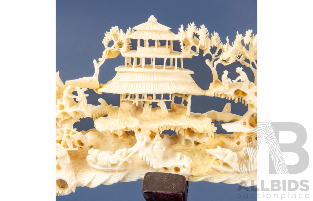 Heavily Carved Chinese Bone Bridge on Hardwood Stand