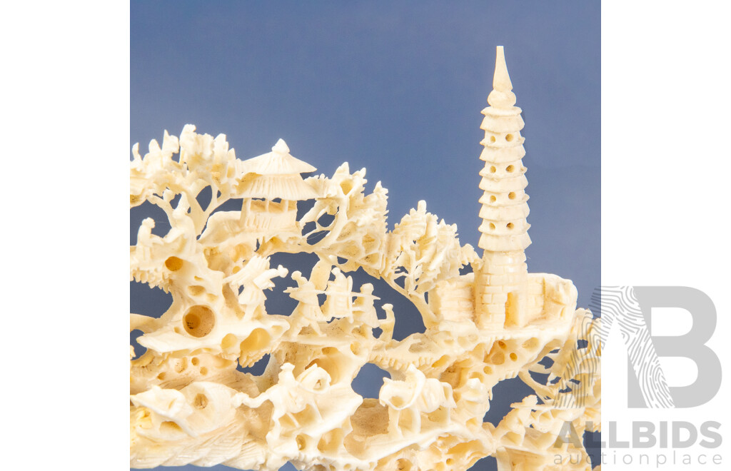 Heavily Carved Chinese Bone Bridge on Hardwood Stand