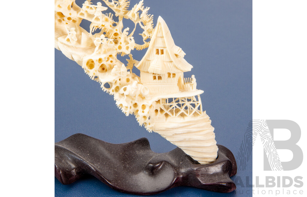 Heavily Carved Chinese Bone Bridge on Hardwood Stand