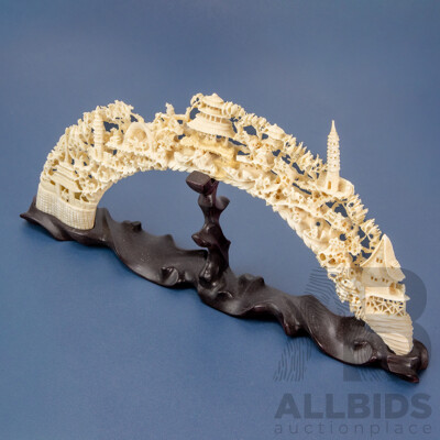 Heavily Carved Chinese Bone Bridge on Hardwood Stand