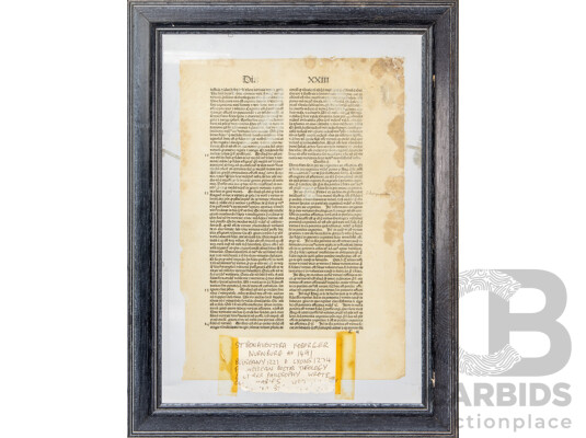 Unique Antique Single Incunabala Leaf Page From Work by St Bonaventure (Printed by Koberger; Nuremburg C1491), 41H x 31W cm (frame)