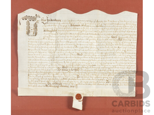 Unique 17th Century Tripartite Legal Indenture, Hand Inked in Court Hand in Early Modern English Legal Language on Parchment Paper with Tag and Wax Seal, Dated August 24, 1691, 42H x 52W cm (frame)