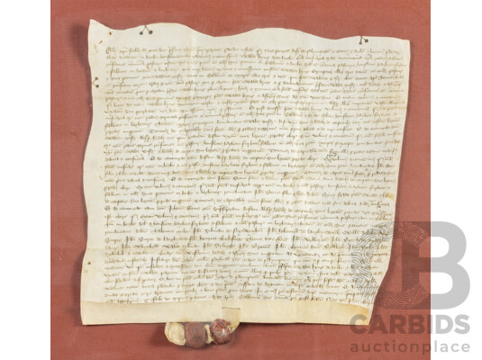 Original 15th Century Charter Legal Deed Indenture in Latin, Dated 1 July 1425, Hand Inked on Vellum with Singular Parchment Tag & Dual Wax Seals, 46H x 51W cm (frame)