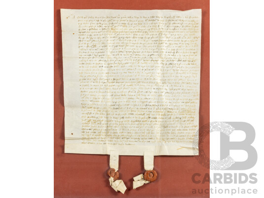Incredible 15th Century Legal Quadripartite Charter Deed or Indenture Dated April 4, 1472, Hand Inked on Vellum with Dual Parchment Tags and Wax Seals, 62H X 52W Cm (frame)