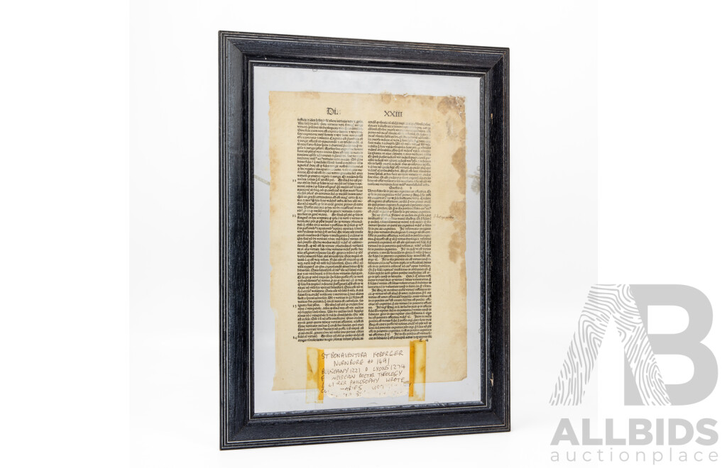 Unique Antique Single Incunabala Leaf Page From Work by St Bonaventure (Printed by Koberger; Nuremburg C1491), 41H x 31W cm (frame)