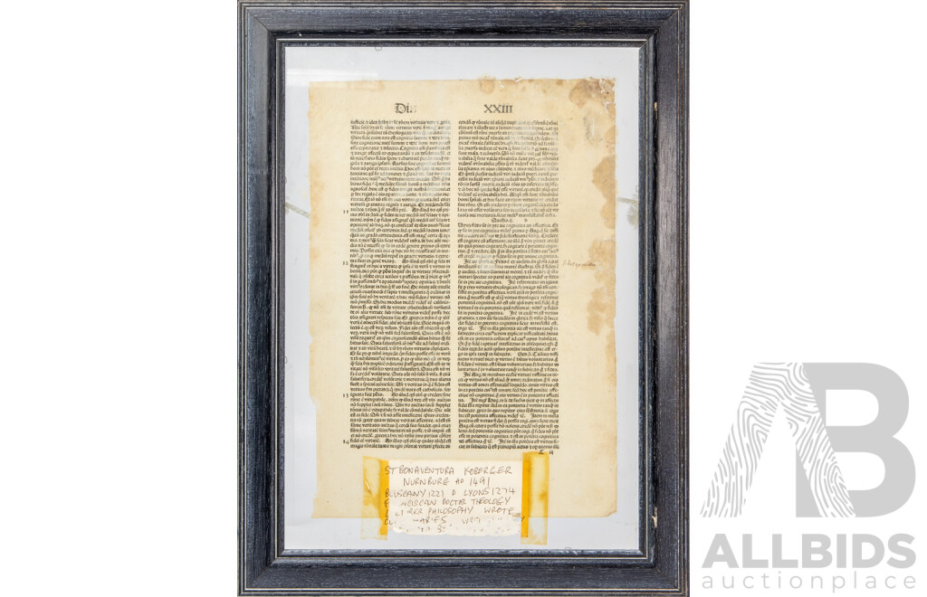 Unique Antique Single Incunabala Leaf Page From Work by St Bonaventure (Printed by Koberger; Nuremburg C1491), 41H x 31W cm (frame)