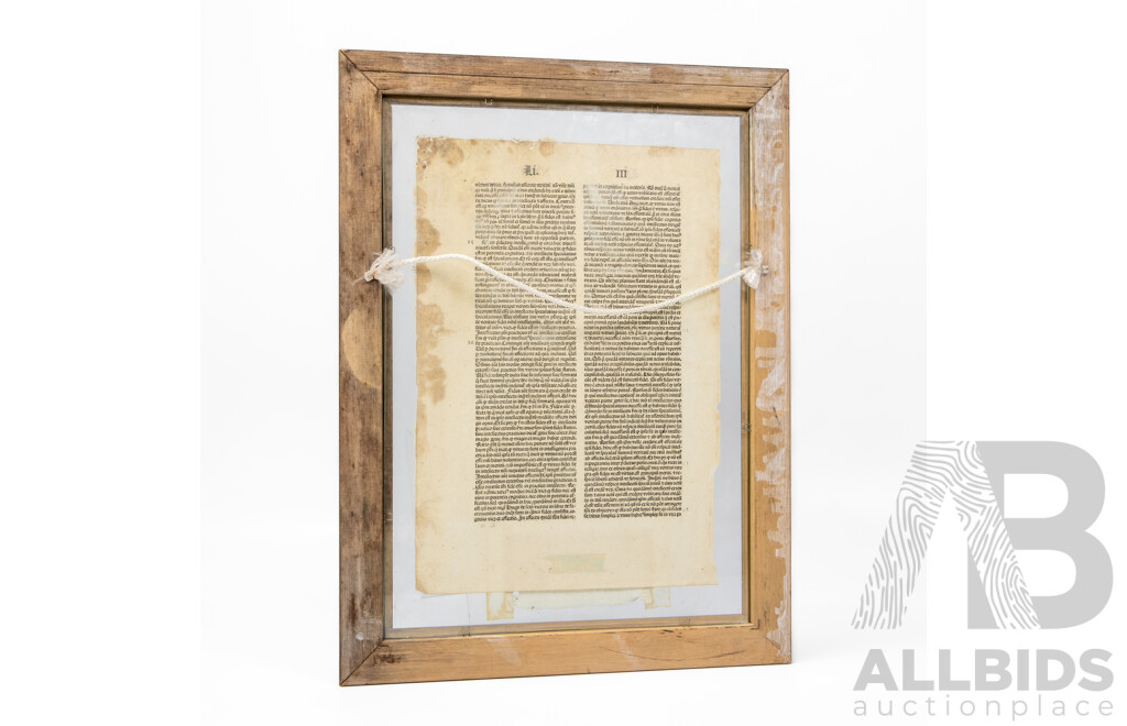Unique Antique Single Incunabala Leaf Page From Work by St Bonaventure (Printed by Koberger; Nuremburg C1491), 41H x 31W cm (frame)