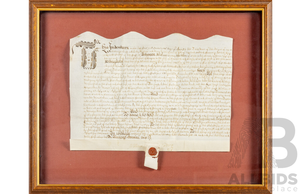 Unique 17th Century Tripartite Legal Indenture, Hand Inked in Court Hand in Early Modern English Legal Language on Parchment Paper with Tag and Wax Seal, Dated August 24, 1691, 42H x 52W cm (frame)