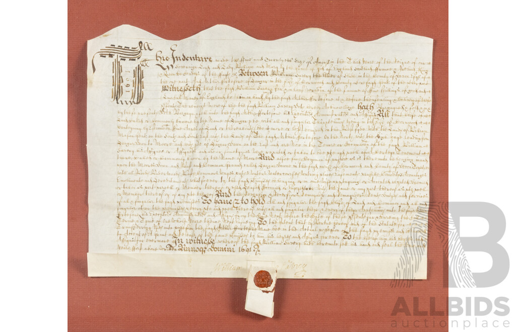 Unique 17th Century Tripartite Legal Indenture, Hand Inked in Court Hand in Early Modern English Legal Language on Parchment Paper with Tag and Wax Seal, Dated August 24, 1691, 42H x 52W cm (frame)