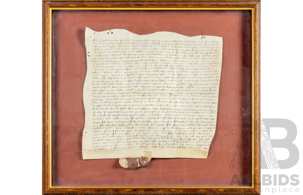 Original 15th Century Charter Legal Deed Indenture in Latin, Dated 1 July 1425, Hand Inked on Vellum with Singular Parchment Tag & Dual Wax Seals, 46H x 51W cm (frame)