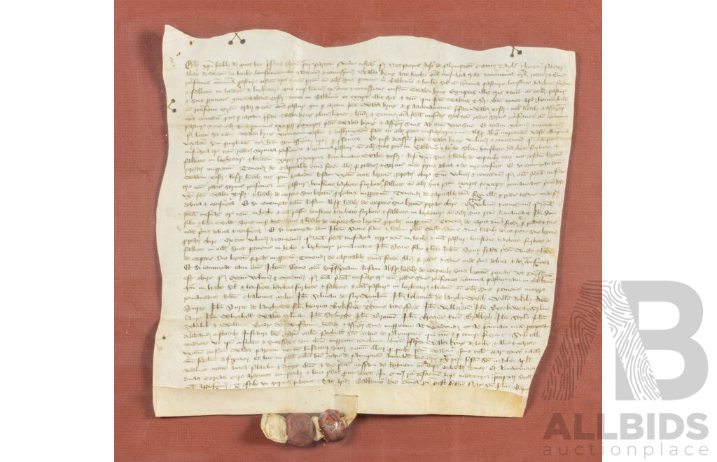 Original 15th Century Charter Legal Deed Indenture in Latin, Dated 1 July 1425, Hand Inked on Vellum with Singular Parchment Tag & Dual Wax Seals, 46H x 51W cm (frame)