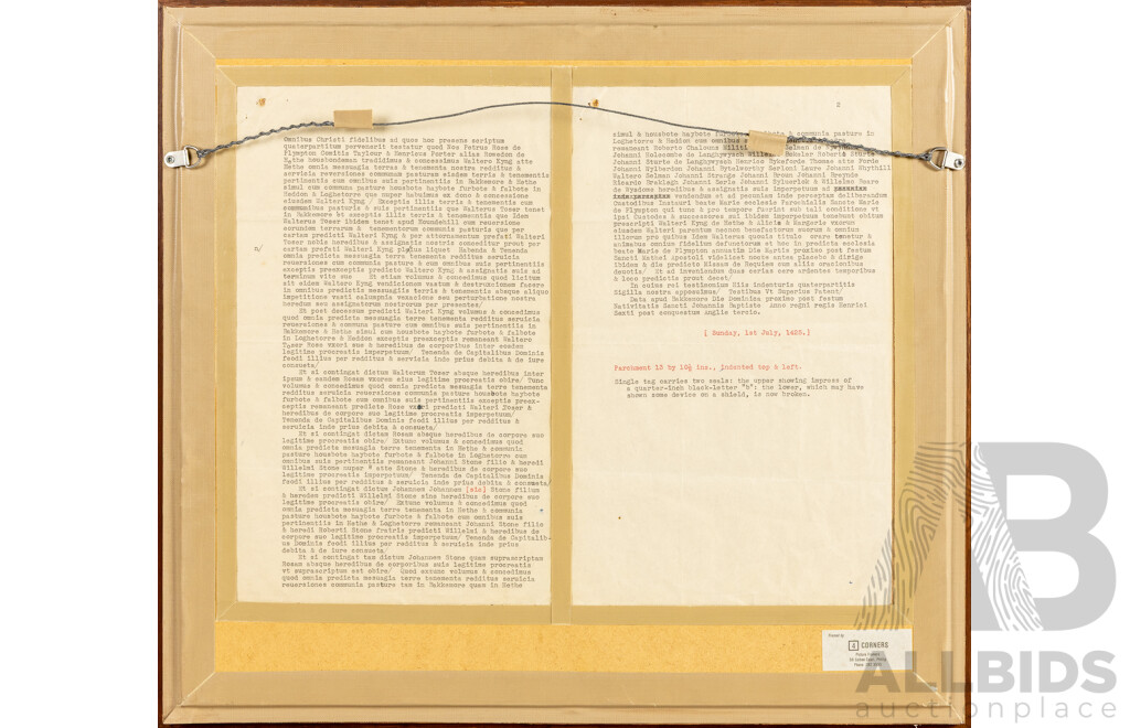 Original 15th Century Charter Legal Deed Indenture in Latin, Dated 1 July 1425, Hand Inked on Vellum with Singular Parchment Tag & Dual Wax Seals, 46H x 51W cm (frame)