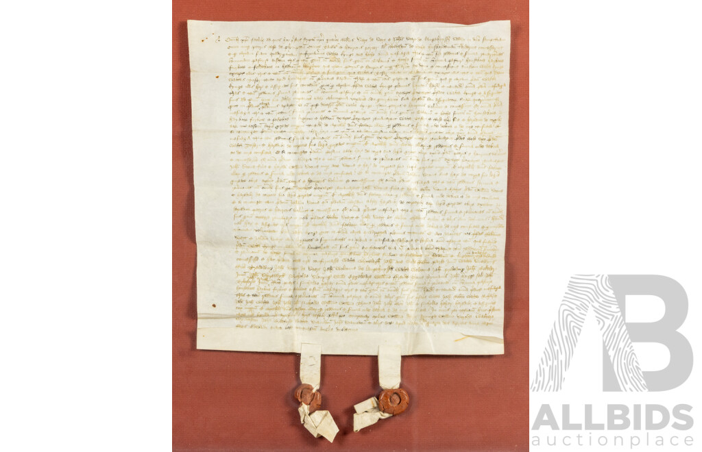 Incredible 15th Century Legal Quadripartite Charter Deed or Indenture Dated April 4, 1472, Hand Inked on Vellum with Dual Parchment Tags and Wax Seals, 62H X 52W Cm (frame)