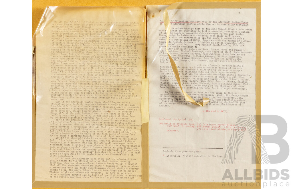 Incredible 15th Century Legal Quadripartite Charter Deed or Indenture Dated April 4, 1472, Hand Inked on Vellum with Dual Parchment Tags and Wax Seals, 62H X 52W Cm (frame)