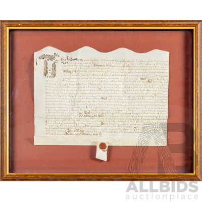 Unique 17th Century Tripartite Legal Indenture, Hand Inked in Court Hand in Early Modern English Legal Language on Parchment Paper with Tag and Wax Seal, Dated August 24, 1691, 42H x 52W cm (frame)