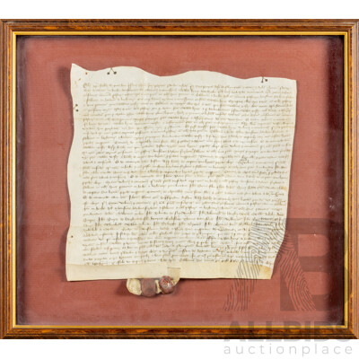 Original 15th Century Charter Legal Deed Indenture in Latin, Dated 1 July 1425, Hand Inked on Vellum with Singular Parchment Tag & Dual Wax Seals, 46H x 51W cm (frame)
