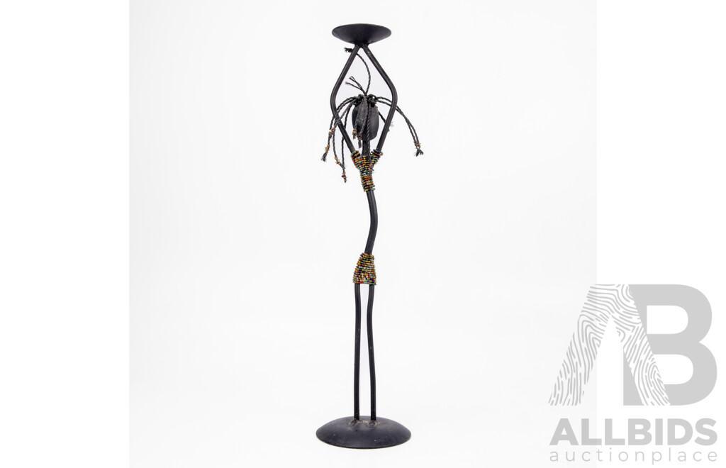 Mid Century African Wrought Metal and Beaded Candle Holder
