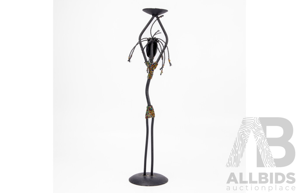 Mid Century African Wrought Metal and Beaded Candle Holder