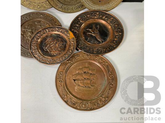 Collection of Seven Large Copper and Brass Decorative Wall Plates