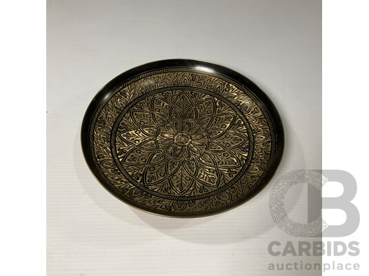 Collection of Three Copper and Brass Decorative Wall Plates and Bowl