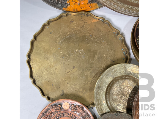 Collection of Ten Copper and Brass Trays