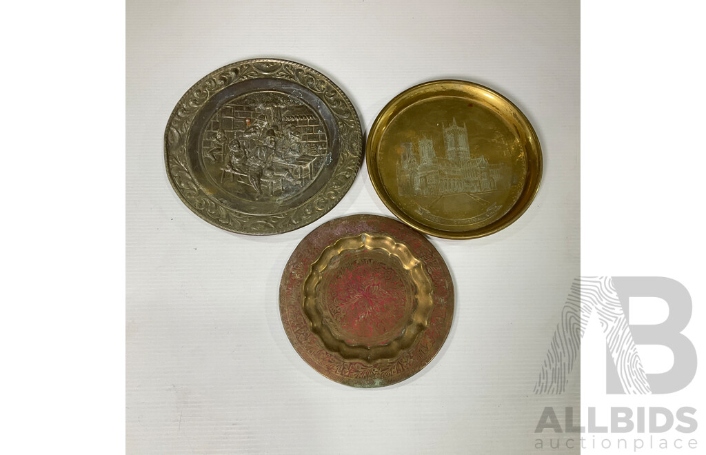 Collection of Seven Copper and Brass Decorative Wall Plates and Tray