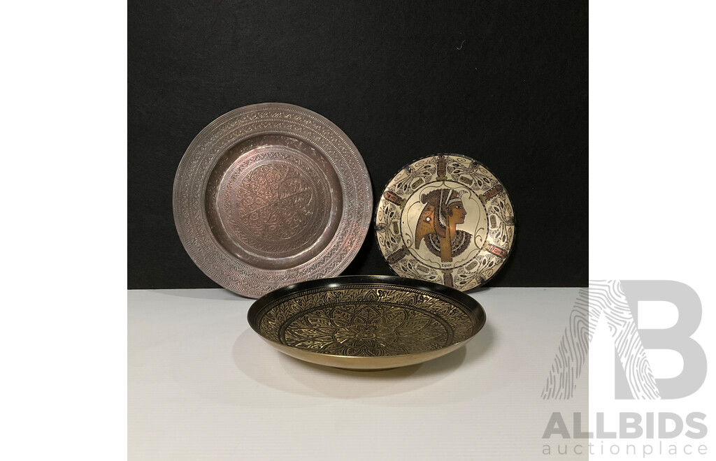 Collection of Three Copper and Brass Decorative Wall Plates and Bowl