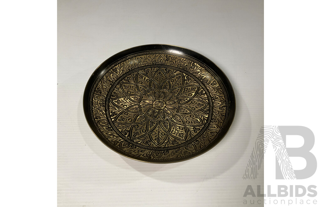Collection of Three Copper and Brass Decorative Wall Plates and Bowl