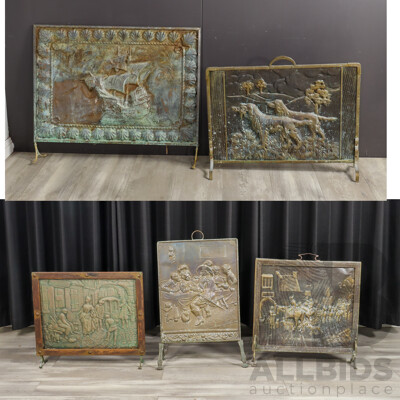 Collection of Five Copper and Brass Fire Screens