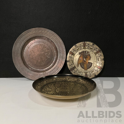Collection of Three Copper and Brass Decorative Wall Plates and Bowl