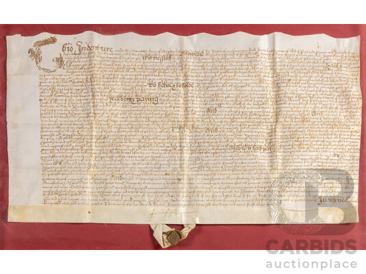 Antique 17th Century English Legal Land Indenture for Sir Francis Fulford (c1583-1664), Ink on Vellum with Wax Seal, 42H x 68W cm (frame dimensions)
